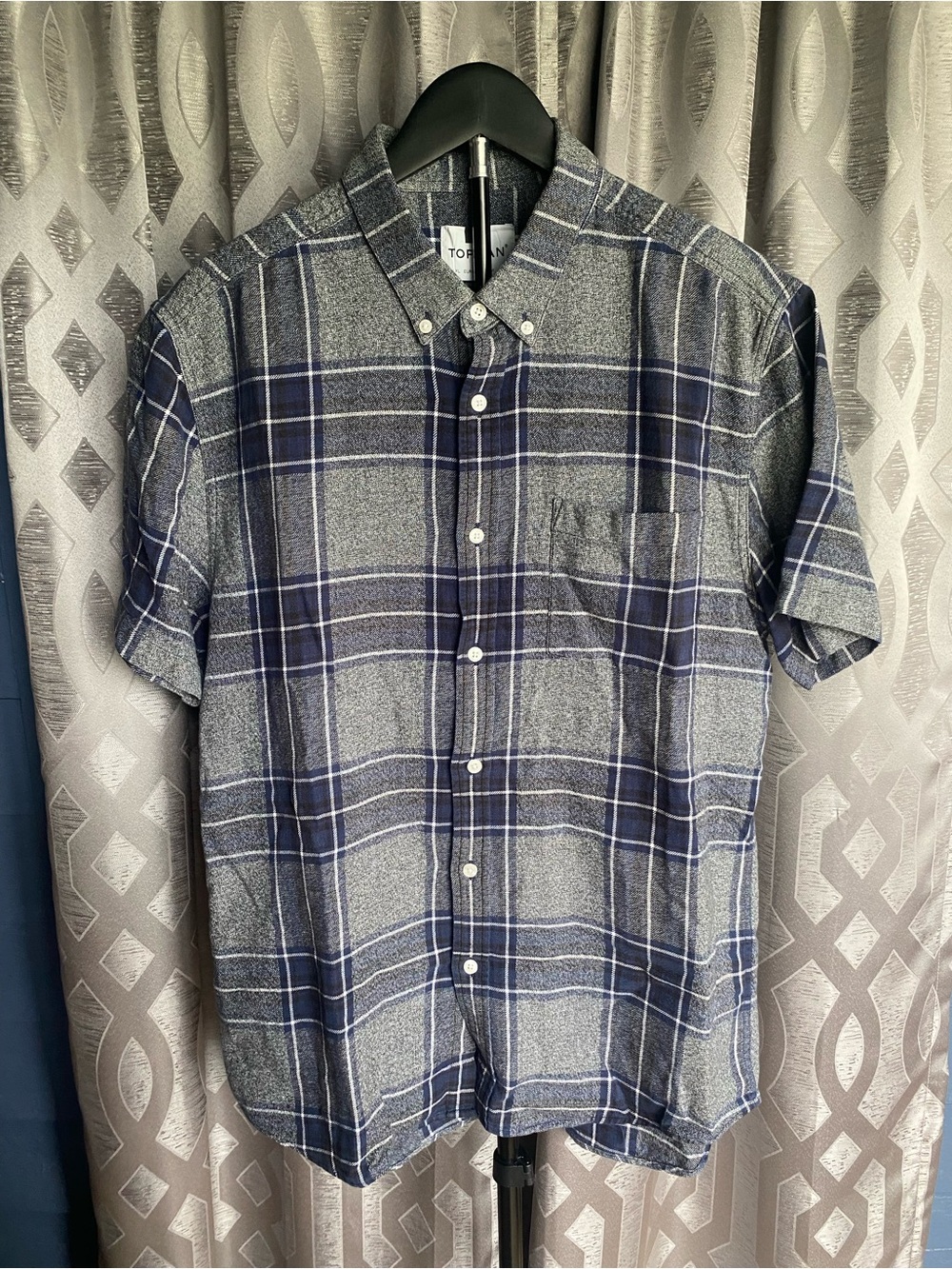 Topman Men’s XL Blue Gray Plaid Short Sleeve Flannel Button Down Shirt Preppy